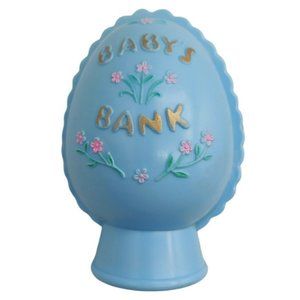 Baby's Nest Egg Bank Mid Century Plakie Blue Plastic Babys Bank 5"
